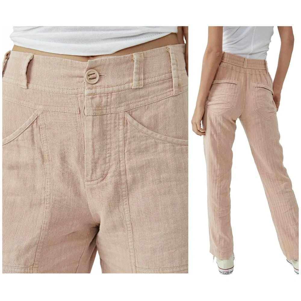 Free People Linen and Cotton Big Hit Slouch Pant in Prosecco. Button Fly. Small